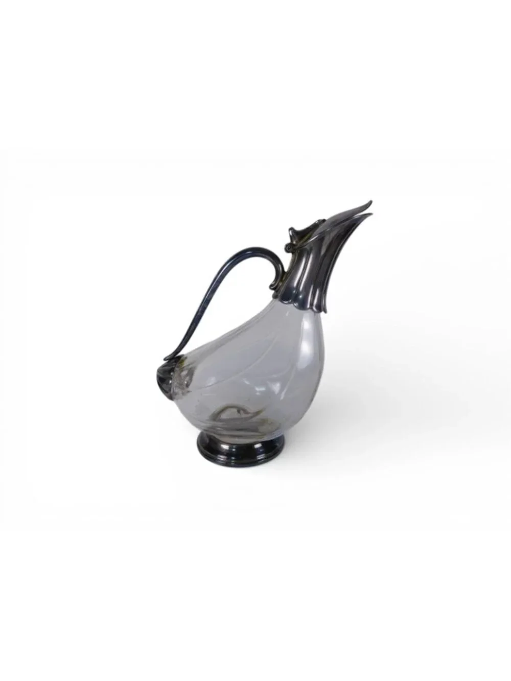 Vintage Clear Glass Art Nouveau Pitcher Metal Mounted Hinged Lid Handle Unmarked